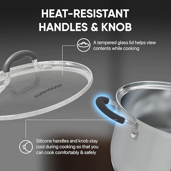 SUNHOUSE Stainless Steel Steamer Pot for Cooking - 3.1 QT Steaming Pot with Glass Lid & Steamer Basket - 2 Tier Tri-ply Vegetable Steamer with Stay-Cool Silicone Handles - Induction Compatible