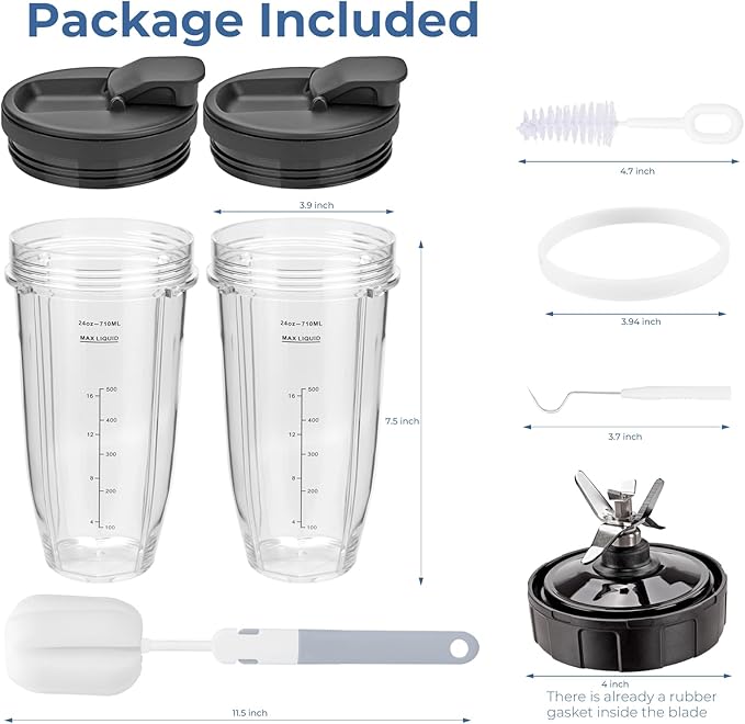 Blender Cups Replacement Parts For ninja,2-Pack 24oz Blender Cups with Sip & Seal Lids,7 fins Blender Replacement blade Compatible with Ninja BN401 BN751 BN801 BL480-30 BL642-30 BL682 BL687 NN102