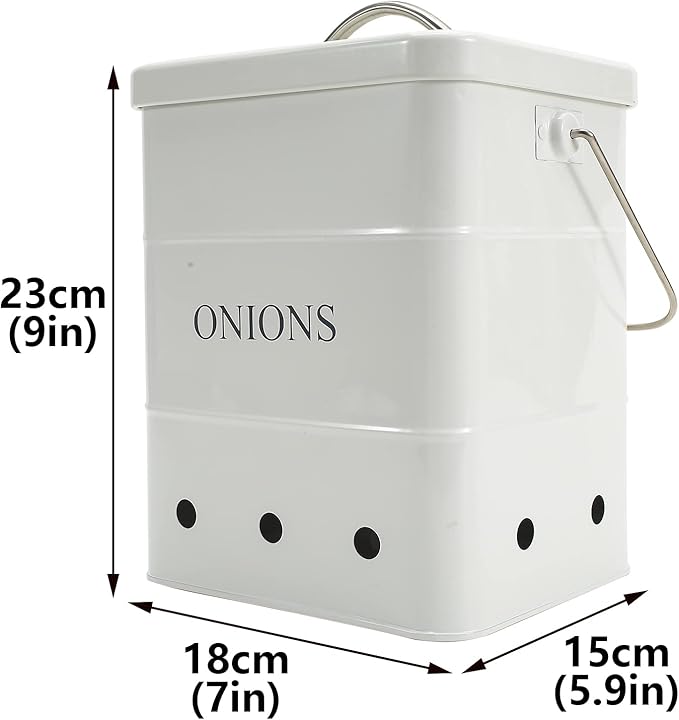 Onion Storage Bin, Kitchen Storage Canister,Kitchen Pantry Organizer Tin With Airtight Lid & Handles, Vegetable Fresh Keeper with Aerating Tin Storage Holes (White)