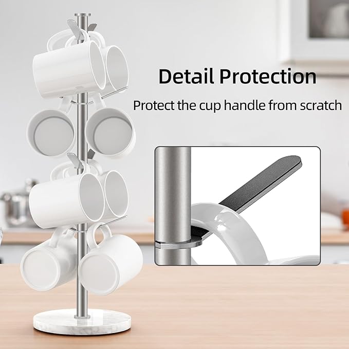 Gypie Marble Mug Holder Tree, 8 Hooks Brushed Nickel Coffee Cups Stand, New Upgraded Stable Mug Stand for Kitchen Counter Cabinet Cafe