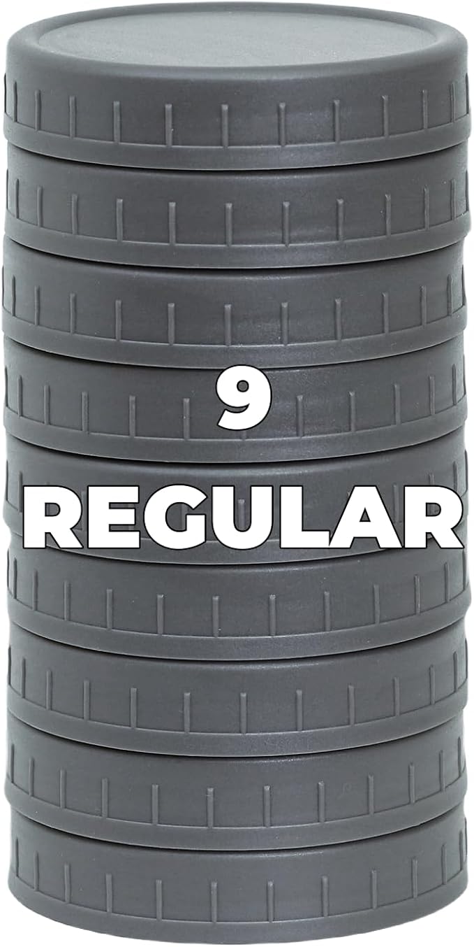 Bedgeta 9 Regular Mouth Mason Jar Lids with Silicone Ring,Thickened Leak-proof Lids Fit Ball,Kerr and More, 9 Gray Plastic, (Gray)