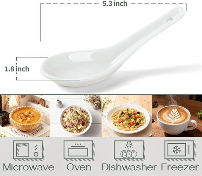 Soup Spoons Set of 6, Asian Ceramic Soup Spoons 5.3" Ramen Spoons Proper for Corelle Pho Miso Wonton Ramen Dumpling Macaron Dishwasher & Oven Safe