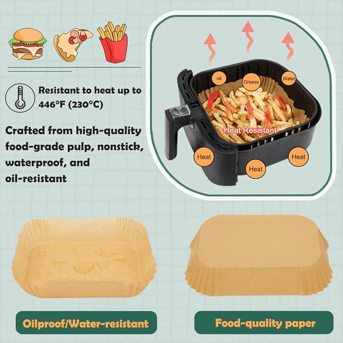 BYKITCHEN Parchment Paper, Square Liners for Baking Roasting Microwave, 50Pcs 8 Inch Filter Paper, Compatible with Corsori, Ninja, Cuisinart Air Fryer and More