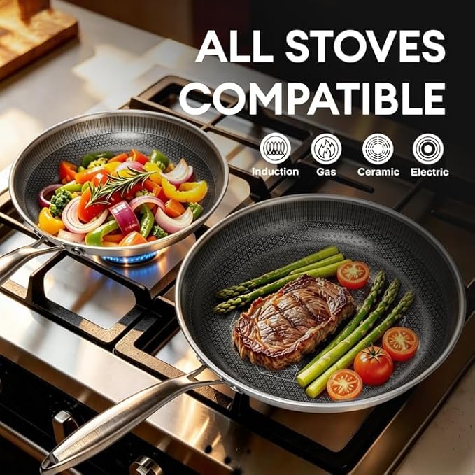 COOKER KING 10-Inch Stainless Steel Pan, Hybrid Nonstick Frying Pan, Skillet, 3-Ply Clad Cookware, Even Heat Distribution, Dishwasher & Oven Safe, with Stay-Cool Handle, Induction Compatible