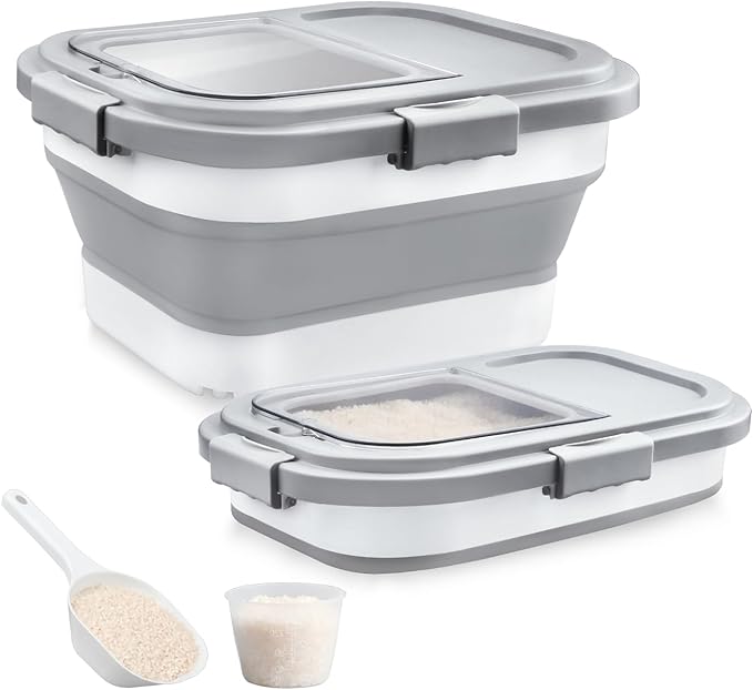 Komzon Rice Storage Container, Collapsible Airtight Food Storage Containers 6-20 Lbs, Rice Dispenser Bin with Cup and Scoop for Flour Cereal Pasta Grain, Cat Bird Pet Dog Food Storage Container