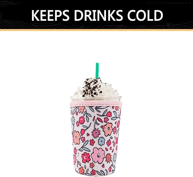 YR Reusable Neoprene Insulator Sleeve for Iced Coffee Cups, 3 Pack Coffee Coolies sleeves for Iced & Hot Drinks, Cold Beverage Cooler Compatible with Starbucks Coffee and More (Pink Floral Garden)