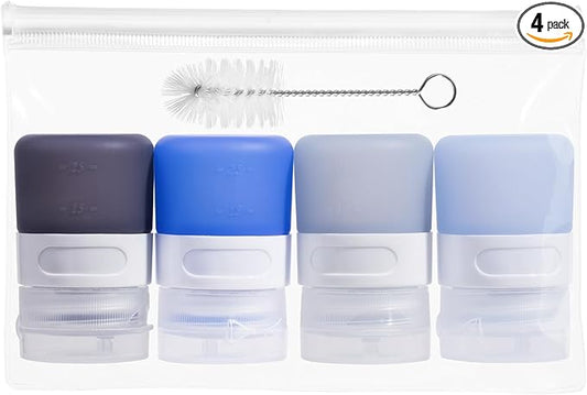 MICEBAY Condiment Squeeze Bottles for Sauces, 1-oz Mini Silicone Salad Dressing Container to Go with Snack Storage Bag, Leakproof Sauce Bottles for Lunch Box, 4 Pack, Blue