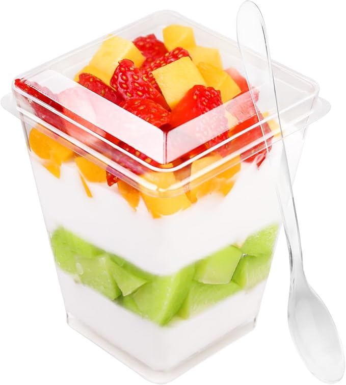 50 Pack 5 oz Plastic Dessert Cups With Lids and Spoons, Yogurt Parfait Appetizer Cups for Party, Mini Dessert Shooters for Pudding and Fruit
