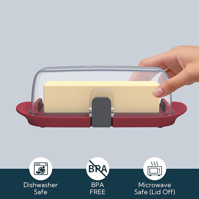 KITCHENDAO One-handed Airtight Butter Dish with Lid for Countertop and Refrigerator Door Shelf, Butter Holder with One Press to Open/Close Secure Latching Buckle for West/East Coast Butter (Red)