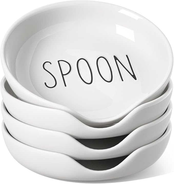 LE TAUCI Spoon Rest for Stove Top, Set of 4 Ceramic Spoon Holder for Kitchen Counter, 5-Inch Heat Resistant Utensil Rest for Cooking Spatula, Whisks, Ladle, Dishwasher Safe, Oyster White