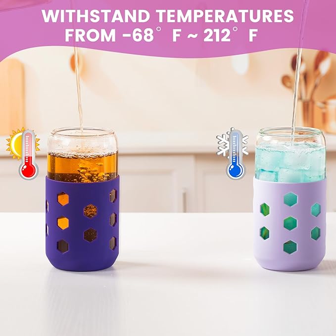 Mrsdry Glass Cups with Lids and Straws (4 Pack), 16oz Drinking Glasses Set with Silicone Sleeves for Coffee Bar Accessories Iced Coffee Cups with Lids, Glass Tumbler Reusable for Gifts
