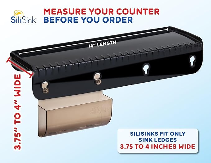 SiliSink Silicone Sink Edge Guard for Kitchen Sink - Fits 3.75”- 4” Wide - The Original Silicone Edge Protector with Sponge Caddy - Splash Guard, 14” Black Diamond