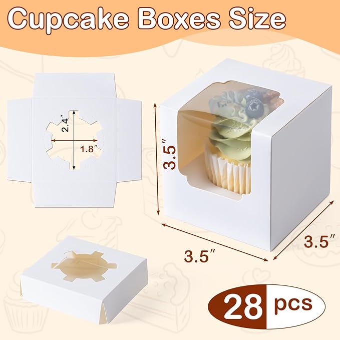 Hoewina 28PCS Cupcake Boxes, Individual Cupcake Containers with Window, Food Grade Cupcake Holders Carrier with Inserts, Stackable Deep Cake Box for Birthday Holiday Party Bakery Supplies (White)