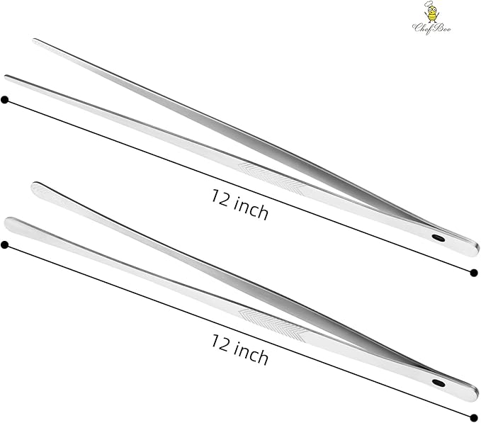 ChefBee Kitchen Cooking Tongs Tweezers - 2PCS 12" Stainless Steel Kitchen Utensils, Metal Fine Tweezers Tongs with Precision Serrated Tips for Chef, Serving Food, Grill, Culinary, Pasta, Salad, BBQ