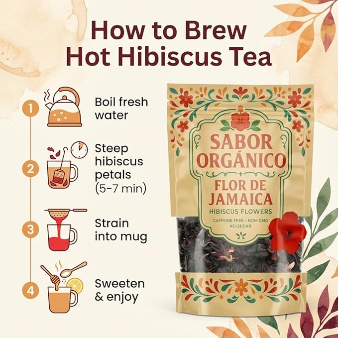 1lb Whole Dried Hibiscus Flowers (Flor de Jamaica) for Hibiscus Tea & Mexican Agua Fresca | Natural, Non-GMO, No Preservatives | Resealable Stand-Up Pouch by Sabor Orgánico