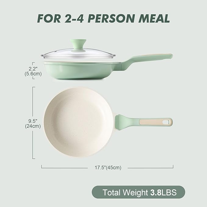 SENSARTE Nonstick Ceramic Frying Pan with Lid 9.5 Inch Omelet Pan Skillet, Free of Intentionally Added PFAS/PTFE Non-toxic Chef's Pan Induction Compatible Pan, Heat Resistant Handle, Mint Green