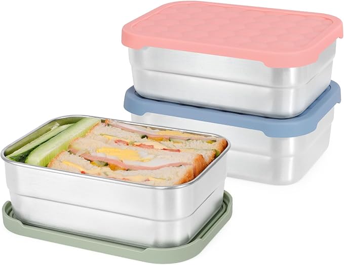 Caperci 25oz Large Stainless Steel Food Containers, 3-Pack Bento Lunch Box with Silicone Lids, Leak-Proof Reusable Meal Prep Container for Sandwiches & Snacks, BPA-Free (720ML)