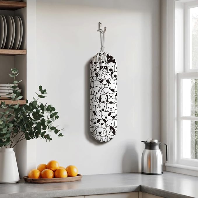 Dog Plastic Bag Holder, Cute Dogs Reusable Shopping Bags Storage Dispenser, Fabric Garbage Trash Bag Dispenser for Home Kitchen Pantry Cabinet, Wall Mount, Kitchen Housewarming Gifts