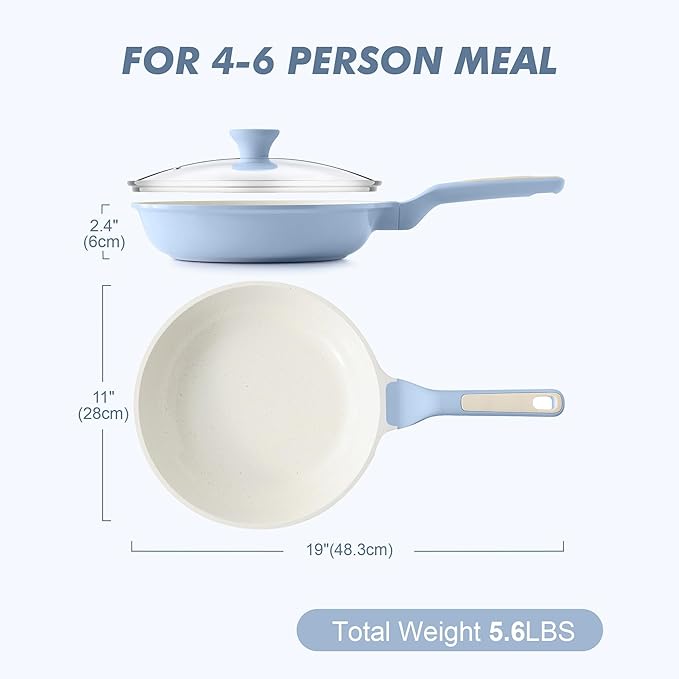 SENSARTE Nonstick Ceramic Frying Pan with Lid 11 Inch Omelet Pan Skillet, Free of Intentionally Added PFAS/PTFE Non-toxic Chef's Pan Induction Compatible Pan, Heat Resistant Handle, Glacier Blue