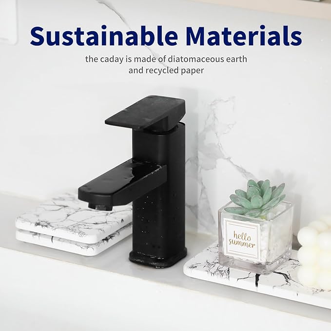 Water Absorbing Stone Tray for Sink, 3PCS Fast Drying Diatomaceous Earth Set - 1 Soap Tray & 2 Coasters for Bathroom Counter, Kitchen, Natural Stone Drying Mat (Marble White)