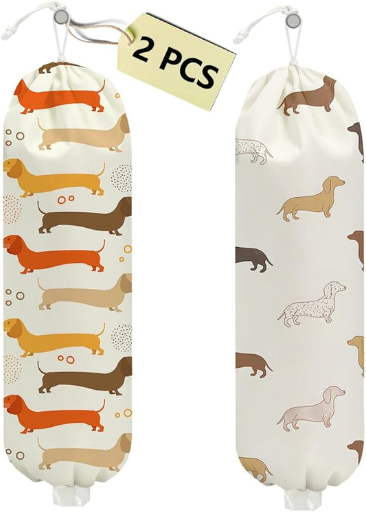 2 Pcs Dog Plastic Bag Holder, Wall Mount Grocery Bag Holder for Plastic Bags, Large Reusable Grocery Bags Organizer Storage Dispenser for Home Kitchen, Dog Lovers Gifts for Women, 22.5x9 Inch