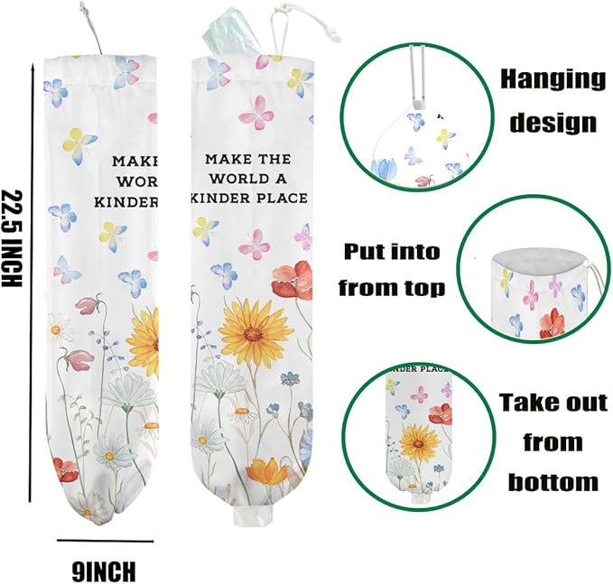 Floral Plastic Bag Holder, Wall Mount Grocery Bag Holder for Plastic Bags, Washable Large Grocery Bags Storage Dispenser for Home Kitchen Pantry Decor, Butterfly Gifts for Women