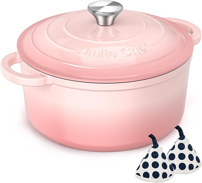 Umite Chef Enameled Cast Iron Dutch Oven-7QT Pot with Lid Cookbook & Cotton, Heavy-Duty Cookware for for Bread Baking, Braising, Stews, Marinate, Cook(Pink)