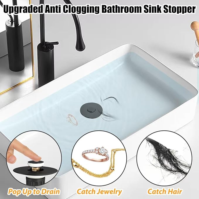 3 in 1 Pop Up Bathroom Sink Stopper, Bathroom Sink Drain Strainer, with Removable Basket Hair Catcher, Universal Sink Plug Cover for 1.06 in to 1.6 in Drain, Matte Black