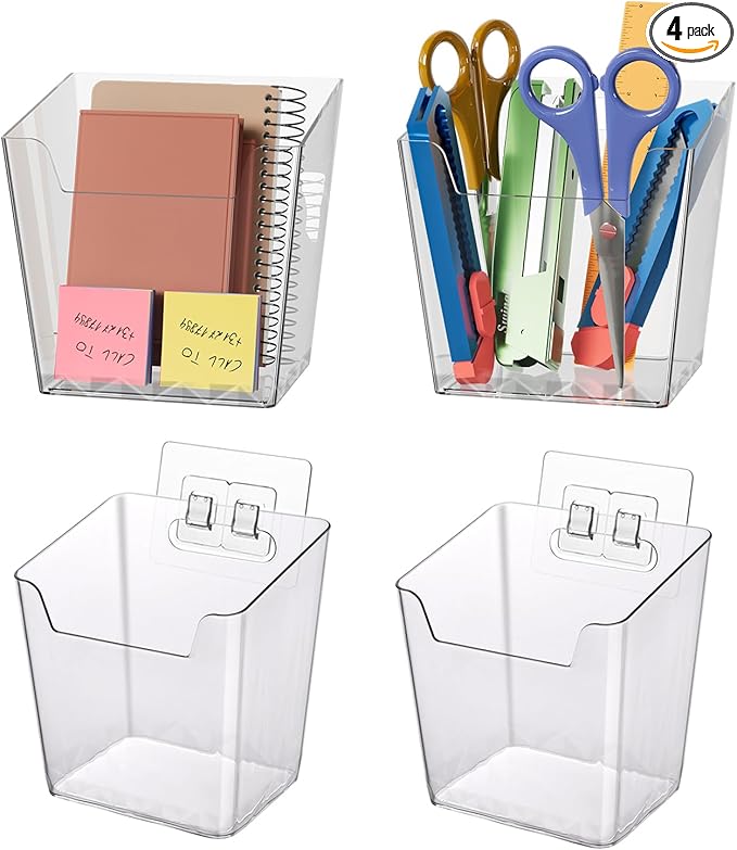 Clear Adhesive Wall Storage Bins, 4 Pack Cabinet Door Organizer Holders, Hanging Wall Mount Pockets, Plastic Cups for Shower Bathroom Makeup Office Craft Remote Kitchen Sink RV Organization (Medium)