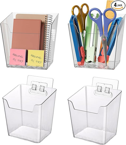 Clear Adhesive Wall Storage Bins, 4 Pack Cabinet Door Organizer Holders, Hanging Wall Mount Pockets, Plastic Cups for Shower Bathroom Makeup Office Craft Remote Kitchen Sink RV Organization (Medium)