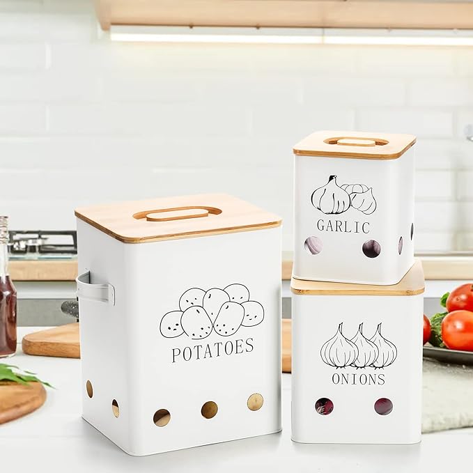 WUWEOT 3 Pack Vegetable Storage Tins, Metal Onion Garlic Potato Jars Set, Kitchen Canisters Vegetable Keeper Containers with Aerating Holes and Wooden Lid