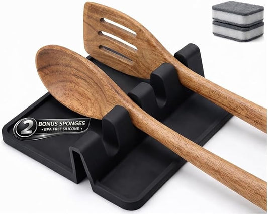 Silicone Spoon Rest for Stove Top – Silicone Utensil Holder with Large Drip Tray, Heat Resistant, BPA Free Food-Grade Silicone, Non-Slip Base, Dishwasher Safe,4-Slot Design, Includes 2 Sponges (Black)