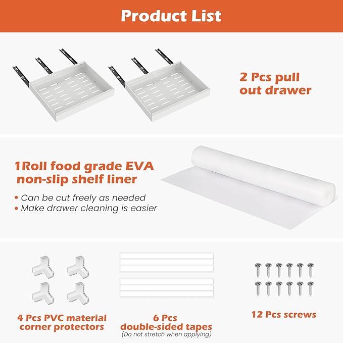 lockincar 2 Pack Expandable Pull Out Cabinet Organizer 21" Deep, Adjustable Width 12.2"-20.4" Slide Out Drawers & Roll Out Shelves for Kitchen Cabinets, Easy Install with Double-Sided Adhesive, White