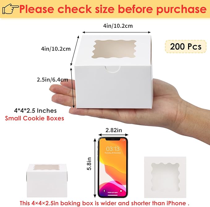 Moretoes 200pcs White Mother's Day Cookie Boxes, 4x4x2.5 Inch Small Bakery Boxes with Window for Pastries, Treats, Cupcakes, Donuts, Candy, Strawberries