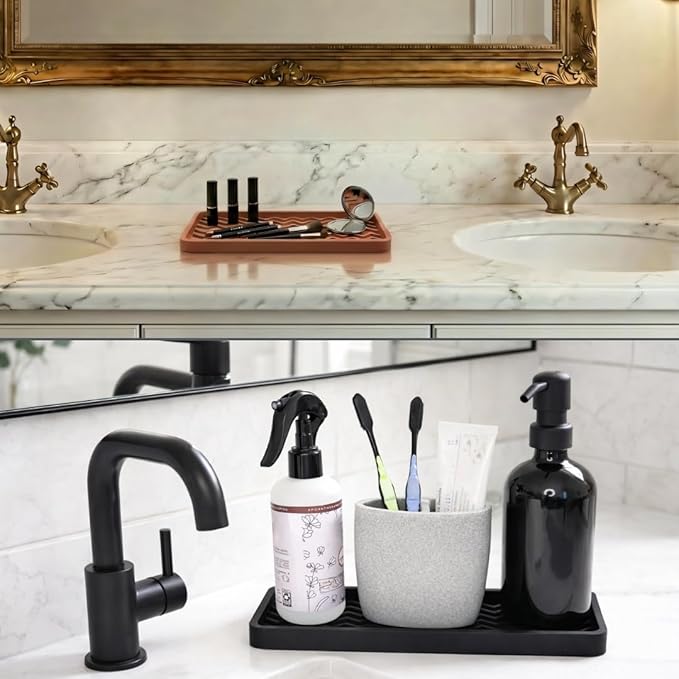 Silicone Sink Organizer Tray, Rectangular, Modern Style, Heat Safe, Dishwasher Safe, for Bathroom and Kitchen Organization (Dark Chocolate, 12"x4", Chevron Pattern)