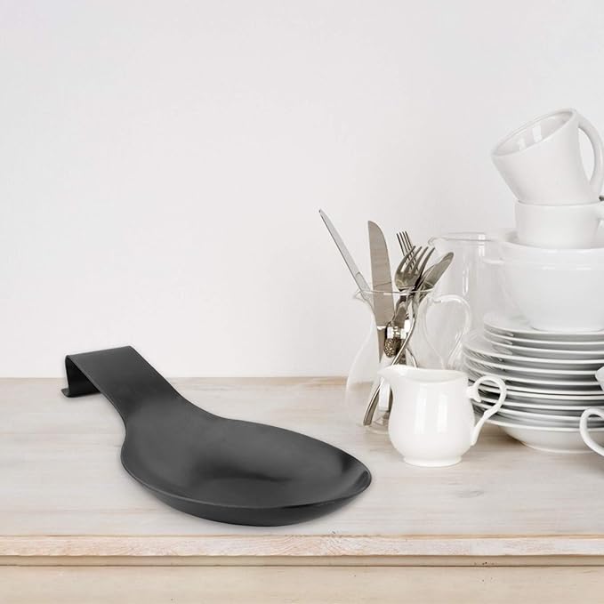 Stainless Steel Spoon Rest, Spatula Ladle Holder, Stainless Steel Utensil Spoon Rest Holder, Brushed Finish, Dishwasher Safe 9.8 x 3.7 Inch (Black 1PC)
