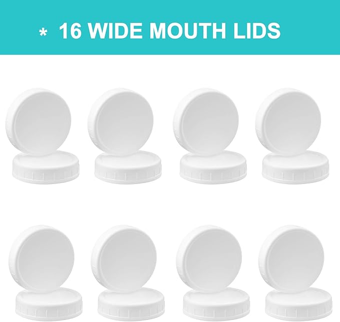 AOZITA Wide Mouth Mason Jar Lids [16 Pack] for Ball, Kerr and More - White Plastic Storage Caps for Mason/Canning Jars - Leak-Proof - Dishwasher Safe & Food Grade