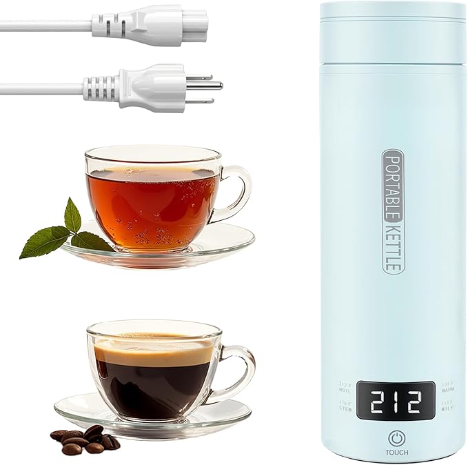 Portable Electric Kettle for Travel, Small Hot Water Kettle with NTC Temperature Control and Auto Shut-Off, 316 Stainless Steel, Blue 120V & 15oz