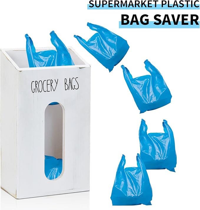 Farmhouse Grocery Bag Holder for Kitchen, Wooden Plastic Bags Holder for Supermarket shopping carrier Recycle, Wall Mounted Garbage Bag Dispenser with Extra-Wide & Easy-Access Openings, White
