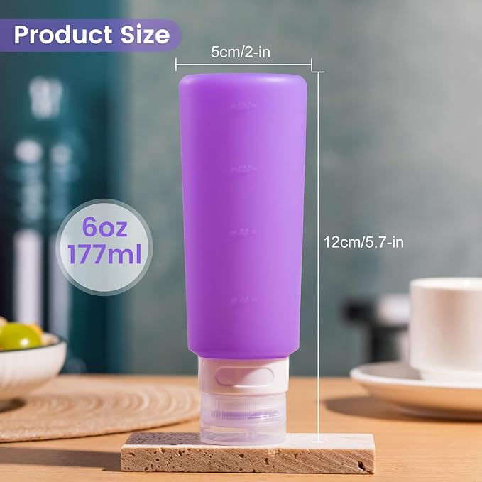 MICEBAY Condiment Squeeze Bottles for Sauces, 6-oz Small Silicone Salad Dressing Container to Go with Snack Storage Bag, Leakproof Sauce Bottles for Lunch Box, 4 Pack, Purple
