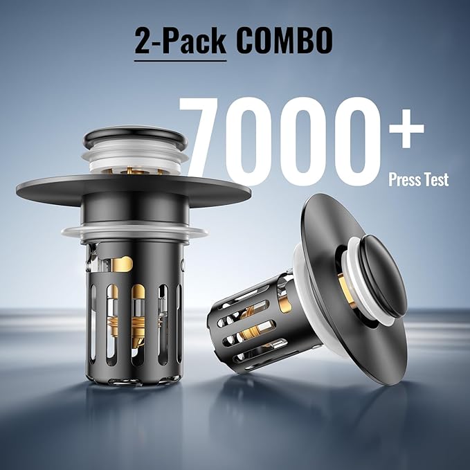 (2 Pc) Bathroom Sink Stopper-All Metal Sink Stopper-Universal Fit 99% Bathroom Stopper with Removable Stainless Steel Hair Catcher- Basin (1.1'' to 2.36'' inch) - Black