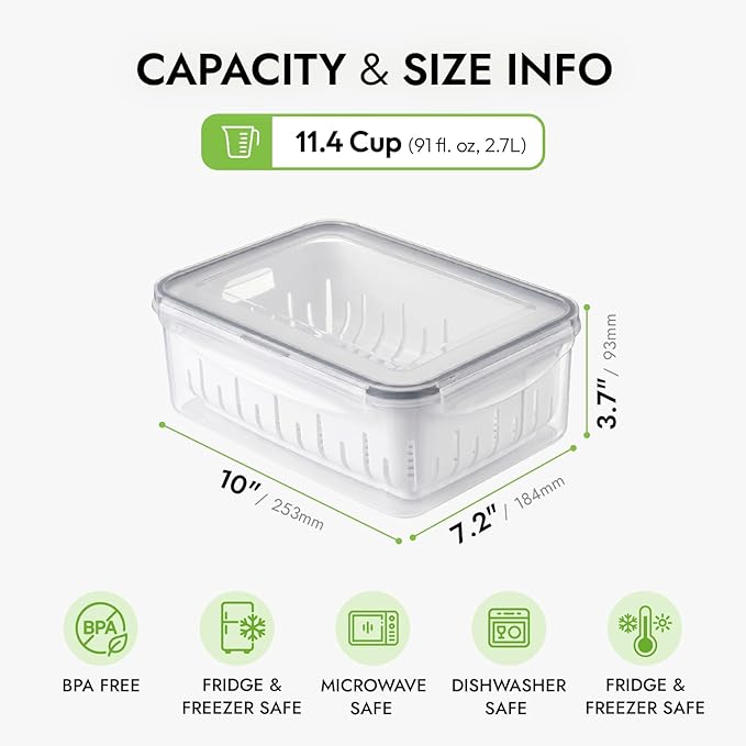 carrotez 11.4 Cup Produce Saver Container for Fridge with White Colander, Airtight Fruit & Vegetable Storage Bin, Removable Strainer Basket, BPA-Free, Stackable, 2.7L