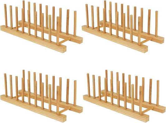 Bamboo Dish Drying Rack Kitchen Cabinet Organizer, Plate Pot Lid Organizer, Wooden Drying Rack Stand Drainer for Dish, Pots, Lids, Bowls, Cups, and Cutting Boards and Books (4PCS)