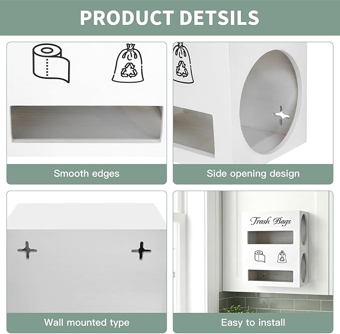 2 in 1 Trash Bag Dispenser, Double Wall Mounted,Wood Trash Bag Holder, used in kitchen, garage, laundry room, can store Environmentally friendly food bags and garbage bags (White/Large)