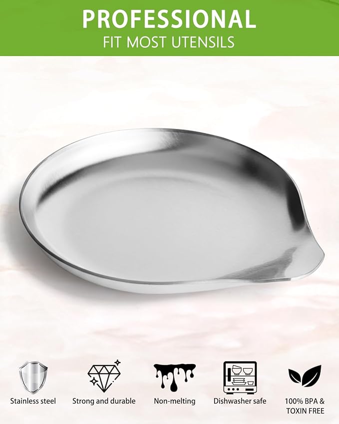 Stainless Steel Spoon Rest, Spatula Ladle Holder, Stainless Steel Utensil Spoon Rest Holder, Brushed Finish, Dishwasher Safe 5.9 x 5.1 Inch (Round Silver 1PC)