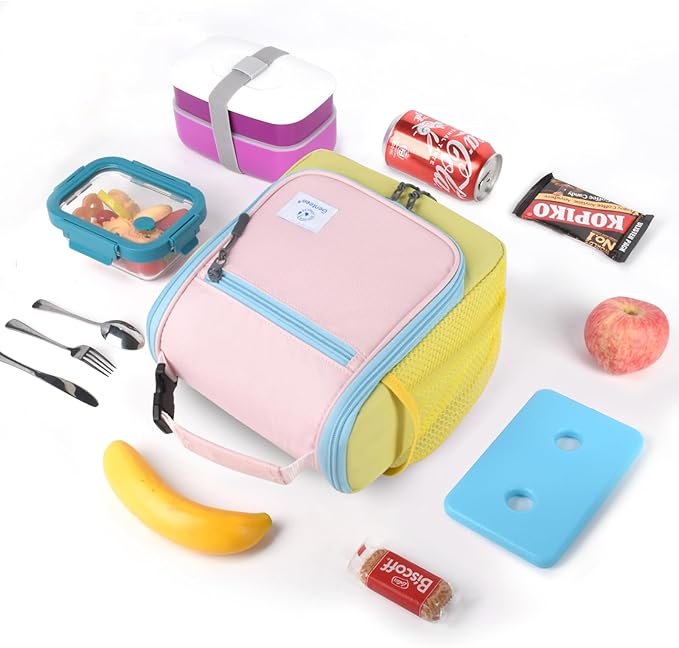Genteen Kids Lunch Box, Insulated Lunch Bag for Kids, Toddler, Girl, and Boy; Holds Lunch Box, Water Bottle, & Snacks; Easy-Clean Water-Resistant Fabric & Multiple Zippered Pockets (Black/Yellow Pink)