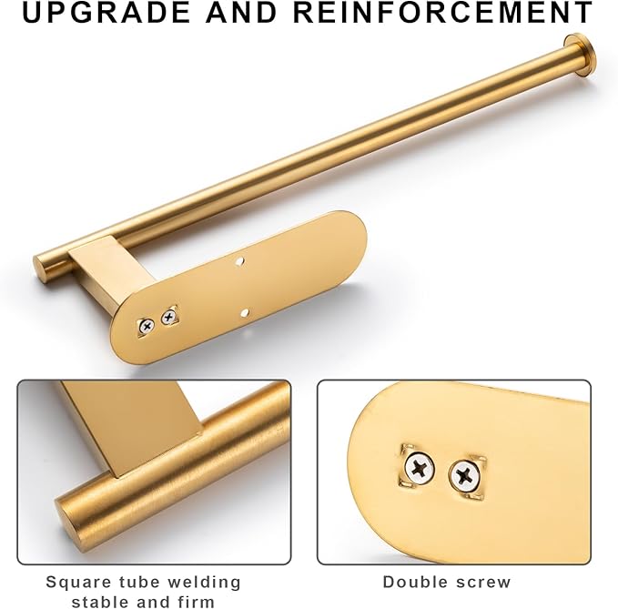 Honmein Paper Towel Holder, Upgrade SUS304 Stainless Steel Paper Towel Holder Under Cabinet, Bend-Resistant, Self-Adhesive or Drill mounting (Gold)