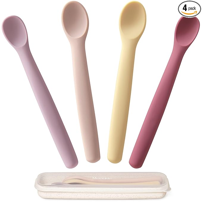 Moonkie Silicone Baby Spoons Set of 4, Toddler Spoons for Self Feeding 6 Months, Two Sizes Feeding Spoons for First Stage 4+ Months, Infant, Baby Utensils with Case, Bendable, Chewproof & Boil-proof