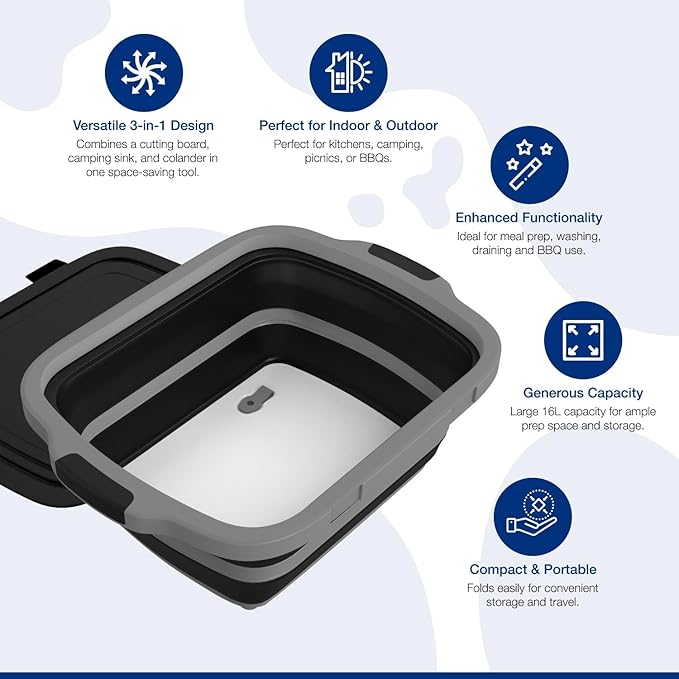 2-Pack XL Collapsible BBQ Prep Tub with Built-In Cutting Board, Lid & Strainer – Marinate, Drain & Prep – Large Food-Safe Container – Perfect for Grilling, Smoking & Outdoor Cooking (Black)