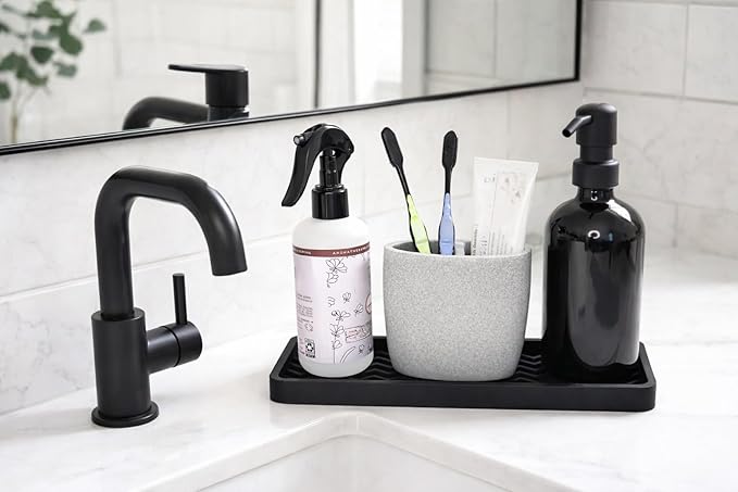 Silicone Sink Organizer Tray, Rectangular, Modern Style, Heat Safe, Dishwasher Safe, for Bathroom and Kitchen Organization (Black, 12"x4", Chevron Pattern)